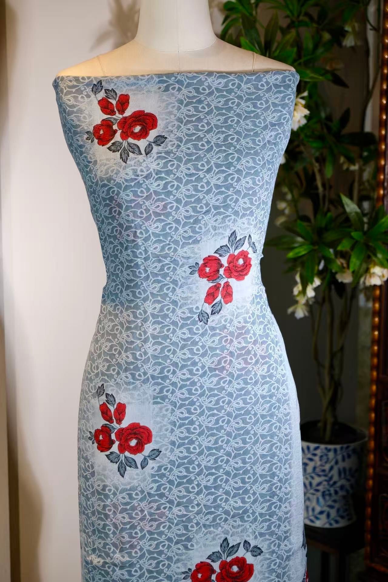 布料名 -《浮光疏影·黛蓝卷草衬朱砂玫瑰纹》100%桑蚕丝面料 | Fabric Name - "Floating Shadows & Lustrous Vines" – Vermilion Rose Motif on Dusty Blue Scrollwork (100% Mulberry Silk)