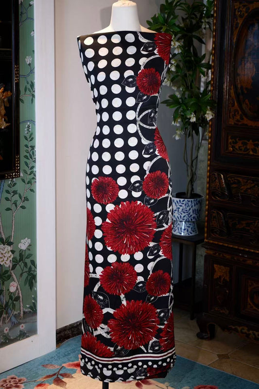布料名 - “绯红波普之圆：六十年代幻影下的重瓣大丽花真丝艺术面料” | Fabric Name - "Scarlet Pop Circles: 1960s Visionary Dahlia & Polka Dot Artisan Silk Fabric"