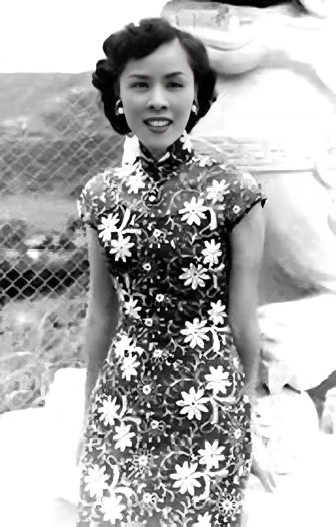 60年代 - 巴黎摩登・欧根纱黑白花卉镂空・挖胸肩开古董港式旗袍 / 1960s - Parisian Mod: Black & White Organza Floral Cutout Vintage Hong Kong Qipao