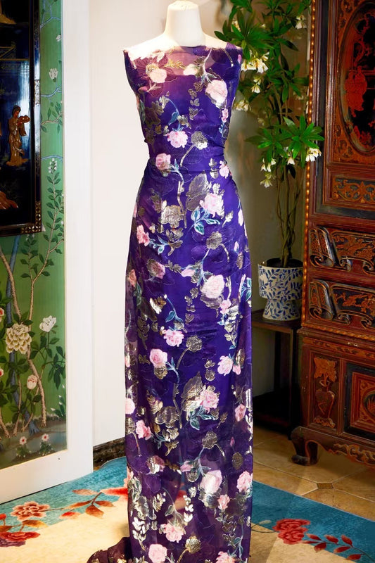 布料名 - 《极光星尘：皇家紫重工桑蚕丝——金银丝浮雕繁花艺术面料》| Fabric Name - Auroral Stardust: Royal Purple Heavyweight Mulberry Silk — Embossed Lurex Floral Art Fabric