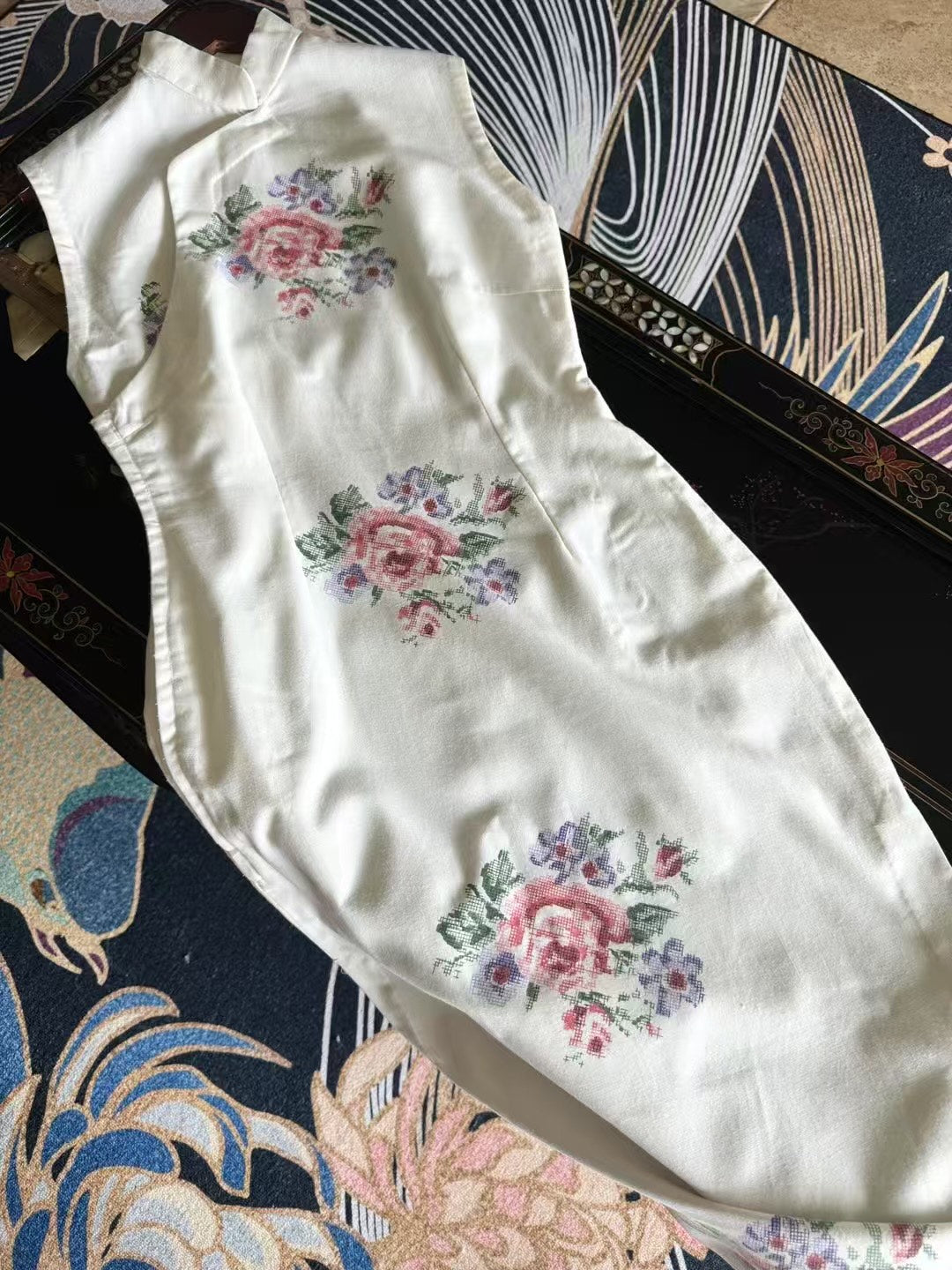 40年代 - 纯白棉质法式复古印花旗袍 / 1940s - Pure white cotton French retro-print Qipao