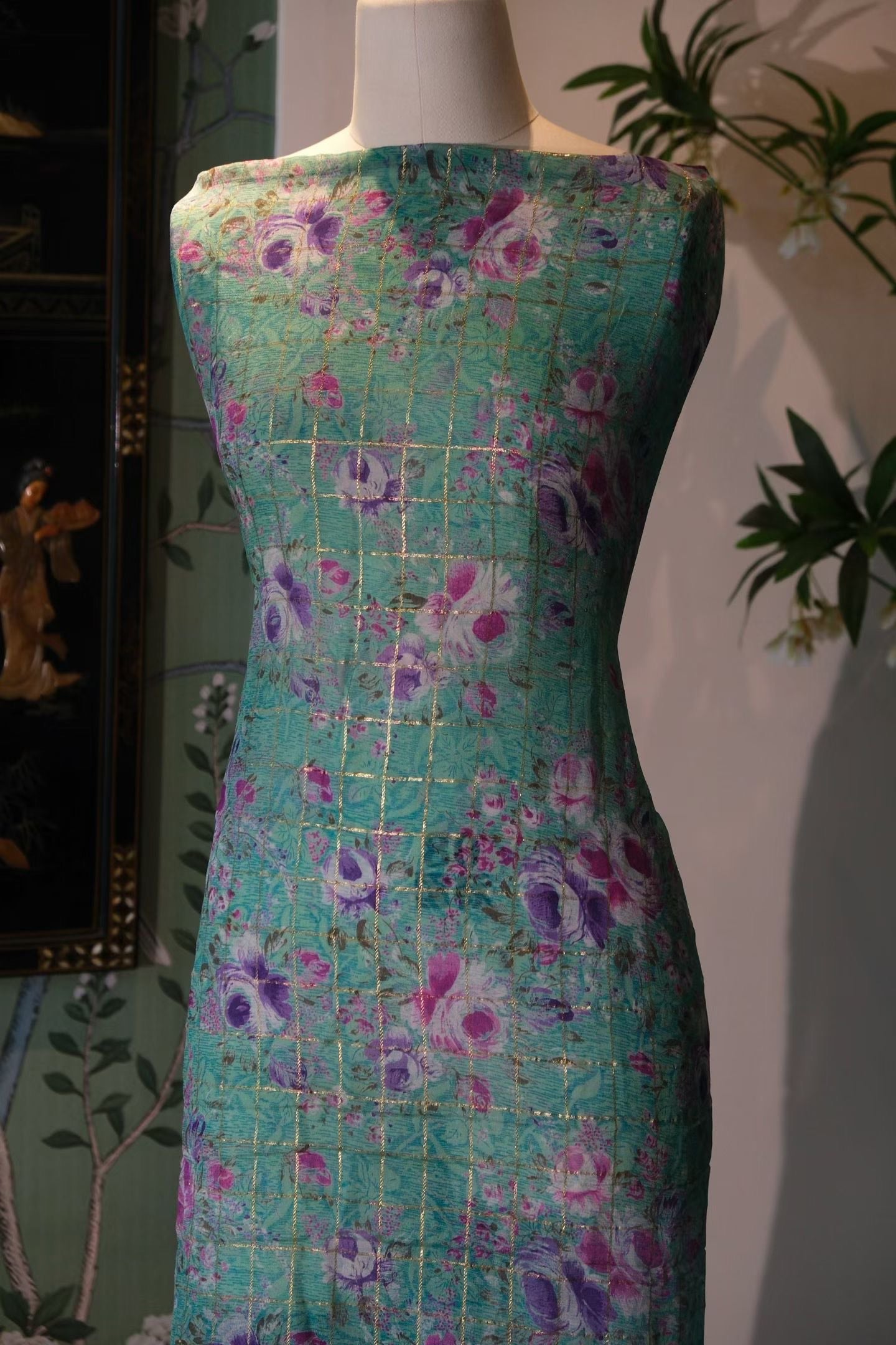 布料名 - 薄荷金格绡 / Fabric Name - Mint Gold Grid Voile