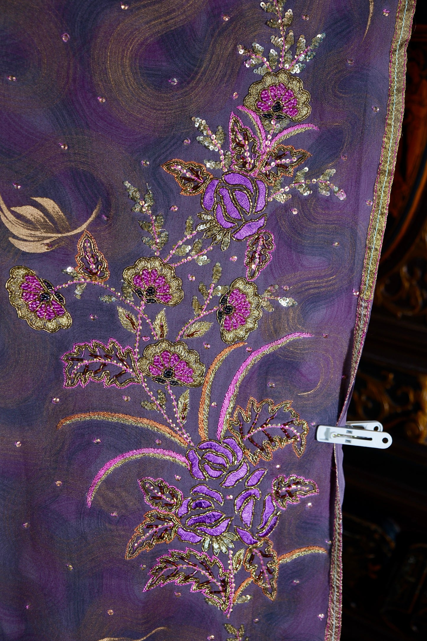 布料名 - 皇家紫水晶 - 手工刺绣真丝面料 | Fabric Name - Royal Amethyst - Hand Embroidered Silk Fabric