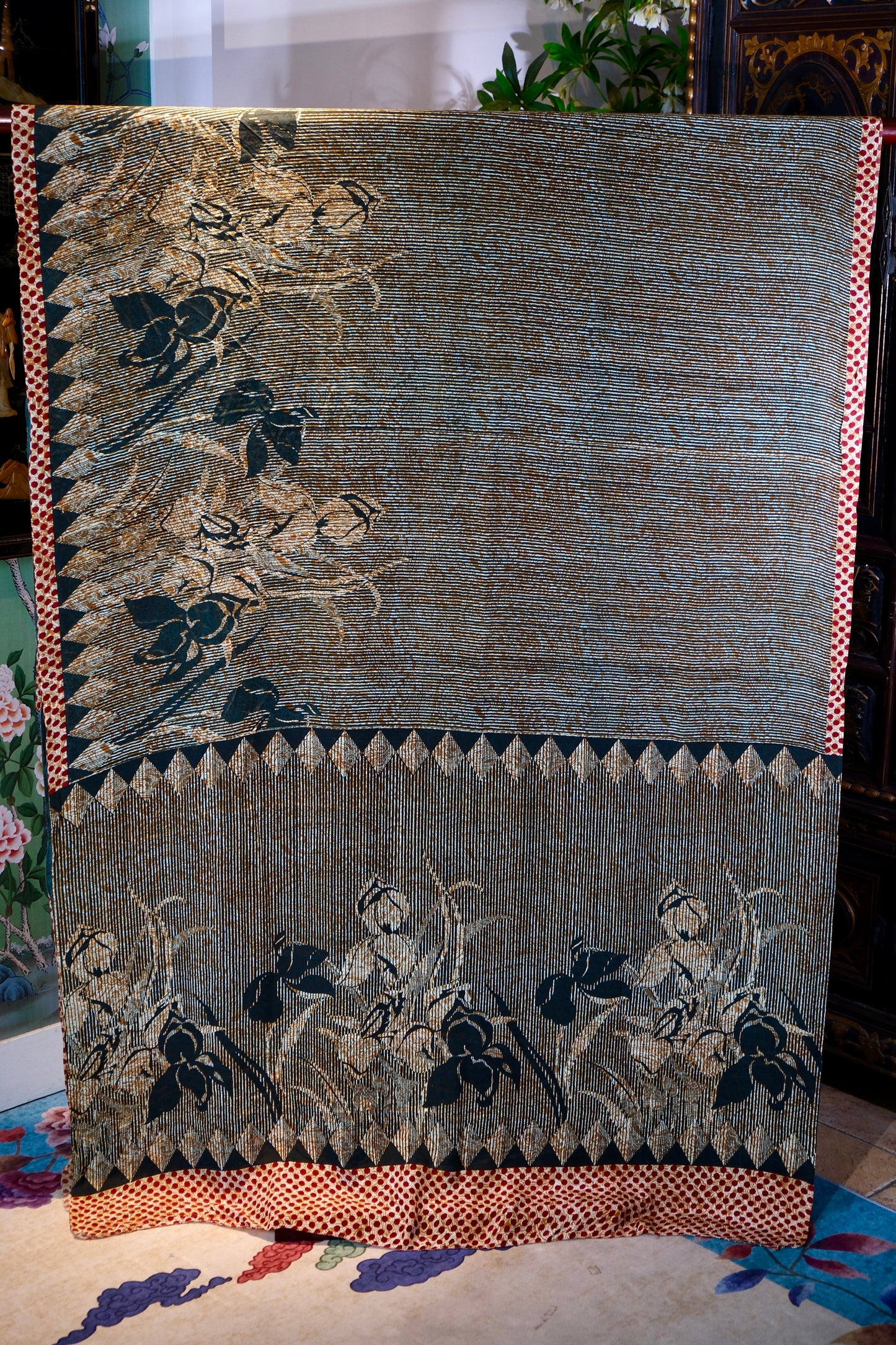 布料名 -《翠影幽兰》—— 侘寂风褶皱印花真丝绸缎 | Fabric Name - "Emerald Orchid Shadows" — Wabi-Sabi Pleated Printed Pure Silk Satin