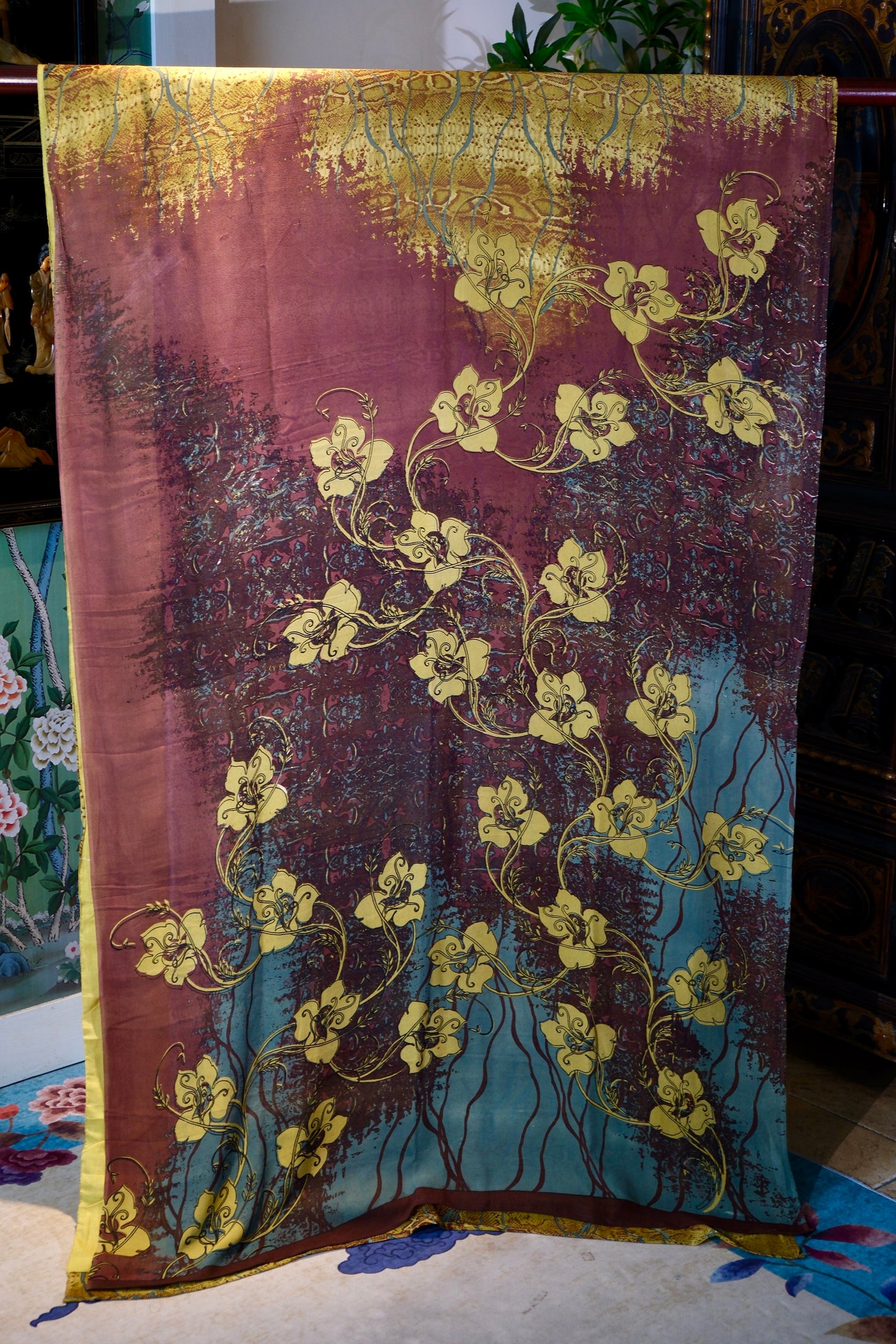 布料名 - 《暮色兰歌：赤褐与黛蓝交织的幽谷花蔓》| Fabric Name - Twilight Orchid Song: Valley Vines Woven in Russet and Dark Teal