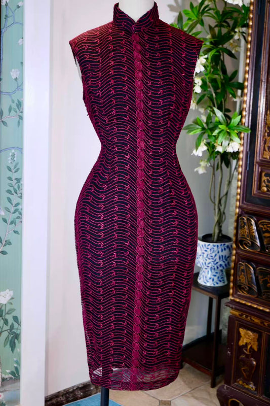 60年代 - 上世纪六十年代港产机绣蕾丝波浪纹旗袍 | 1960s - 1960s Hong Kong-Made Machine-Embroidered Lace Wave-Pattern Qipao