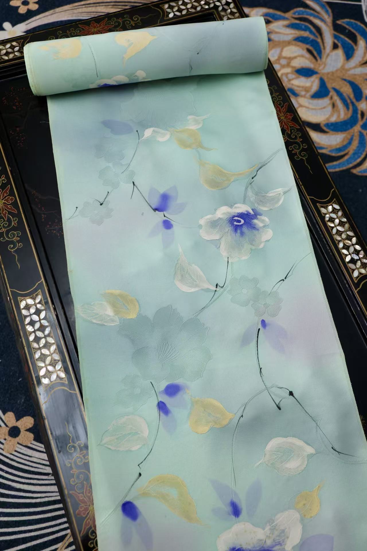 布料名 - 碧湖幽兰 · 湖水绿渐变手绘晕染艺术真丝绸 | Fabric Name - Ethereal Lake Orchid: Artisanal Hand-Painted Silk in Gradient Lake-Green