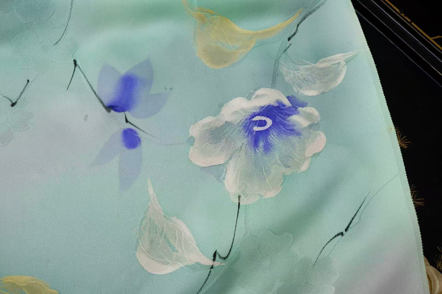 布料名 - 碧湖幽兰 · 湖水绿渐变手绘晕染艺术真丝绸 | Fabric Name - Ethereal Lake Orchid: Artisanal Hand-Painted Silk in Gradient Lake-Green