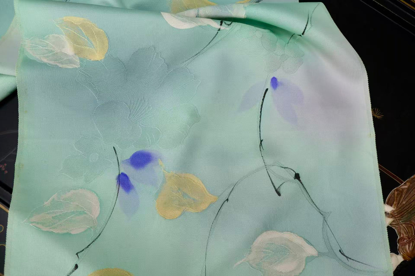 布料名 - 碧湖幽兰 · 湖水绿渐变手绘晕染艺术真丝绸 | Fabric Name - Ethereal Lake Orchid: Artisanal Hand-Painted Silk in Gradient Lake-Green