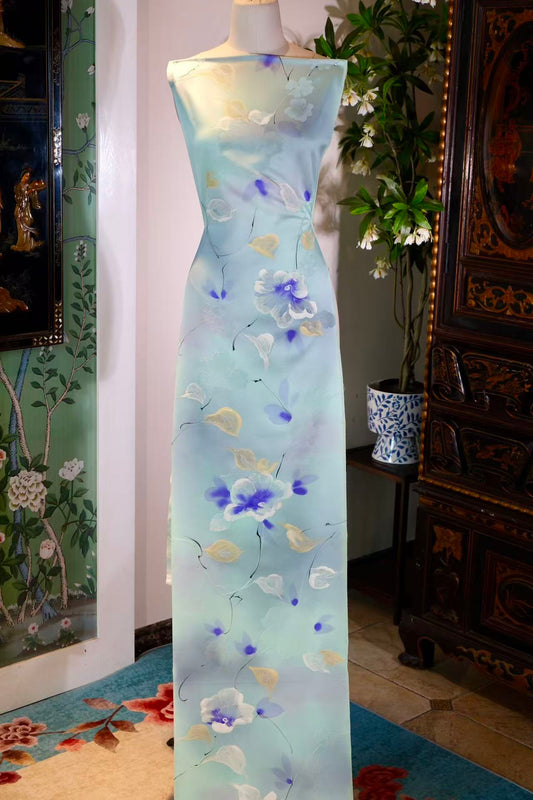 布料名 - 碧湖幽兰 · 湖水绿渐变手绘晕染艺术真丝绸 | Fabric Name - Ethereal Lake Orchid: Artisanal Hand-Painted Silk in Gradient Lake-Green