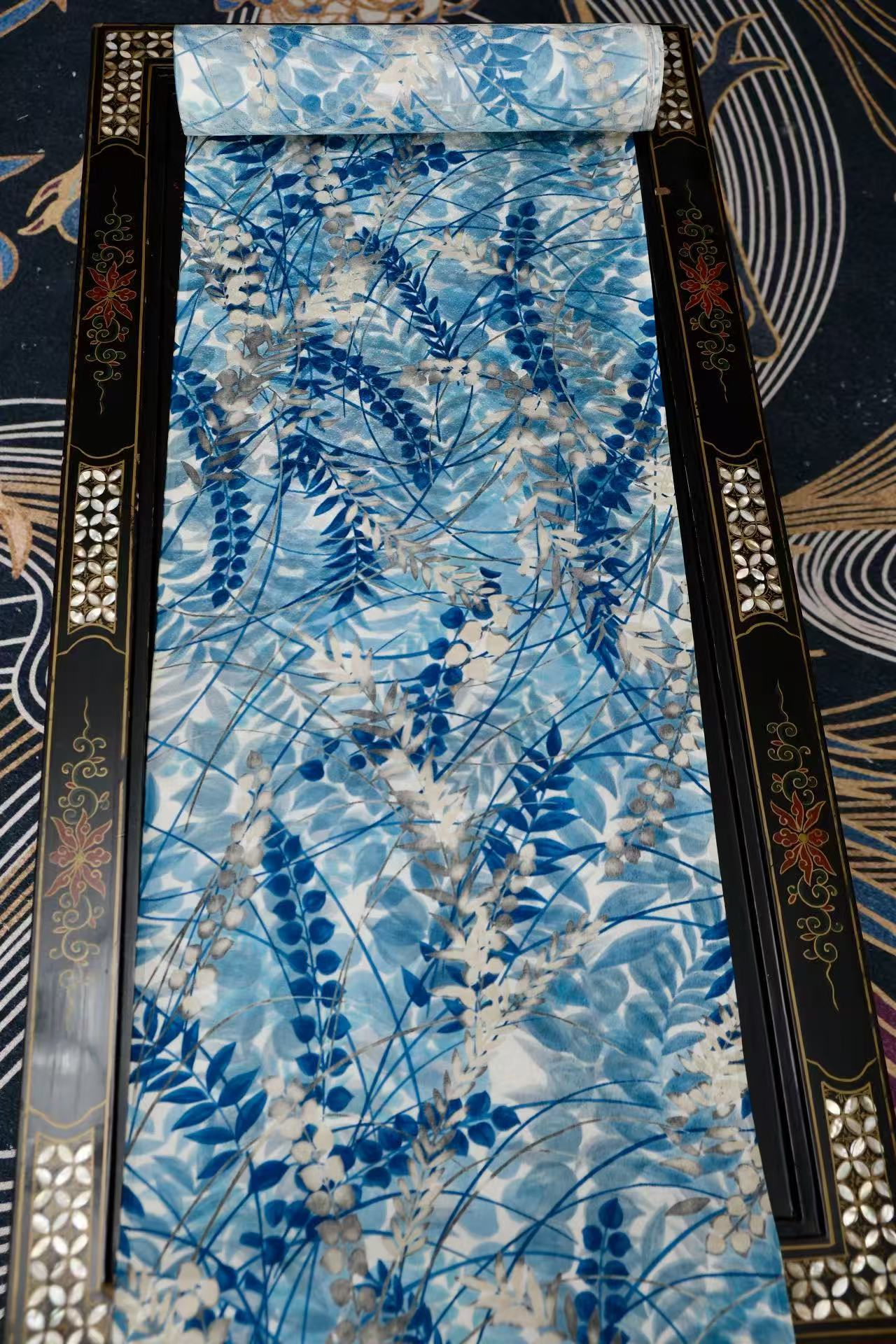 布料名 - 【水墨幽兰·碧波云锦】真丝织锦面料 | Fabric Name - 【Ink Orchid · Cerulean Brocade】Silk Brocade Fabric