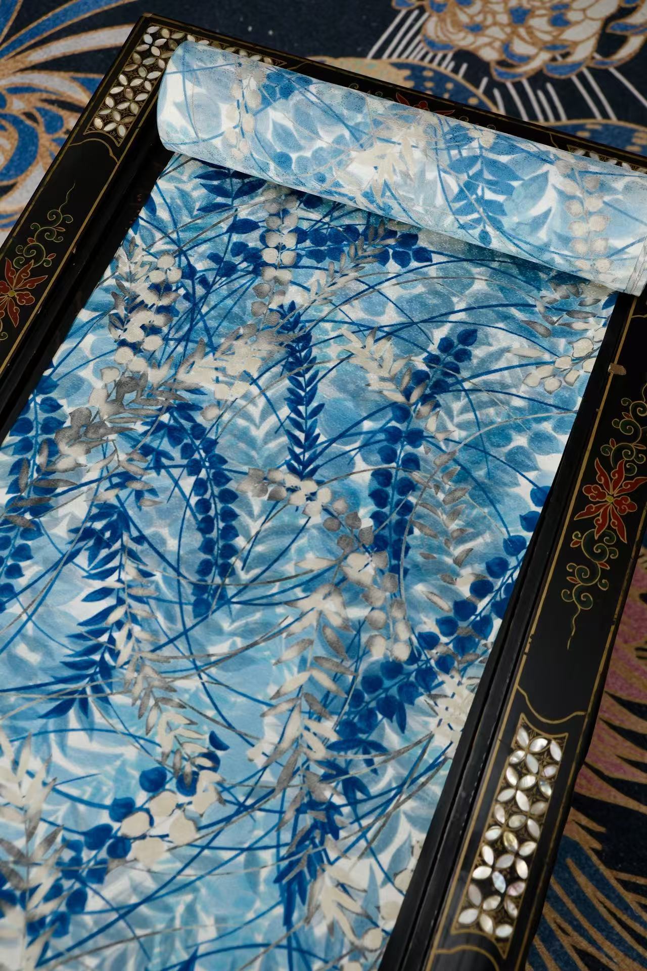 布料名 - 【水墨幽兰·碧波云锦】真丝织锦面料 | Fabric Name - 【Ink Orchid · Cerulean Brocade】Silk Brocade Fabric