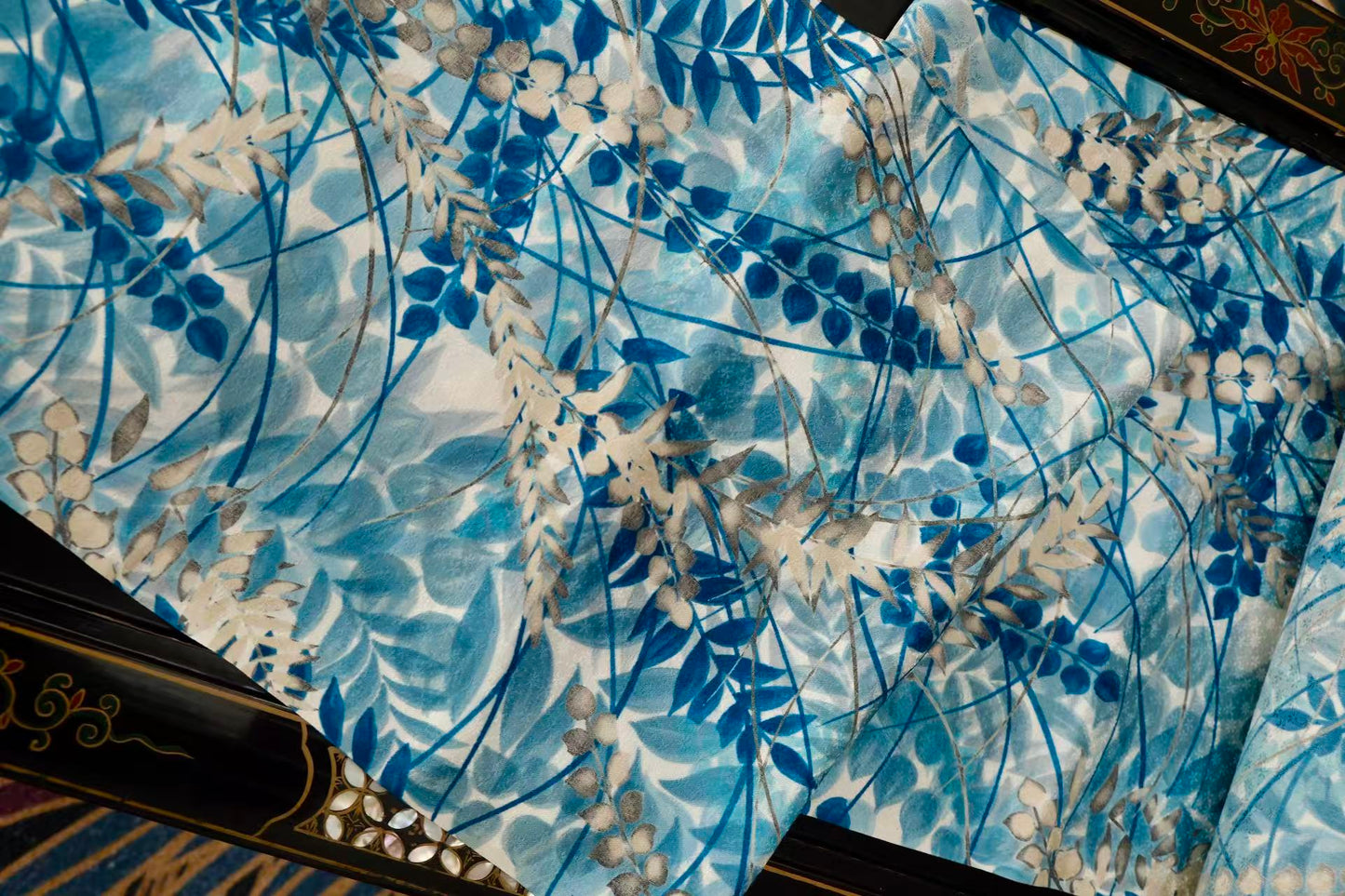 布料名 - 【水墨幽兰·碧波云锦】真丝织锦面料 | Fabric Name - 【Ink Orchid · Cerulean Brocade】Silk Brocade Fabric