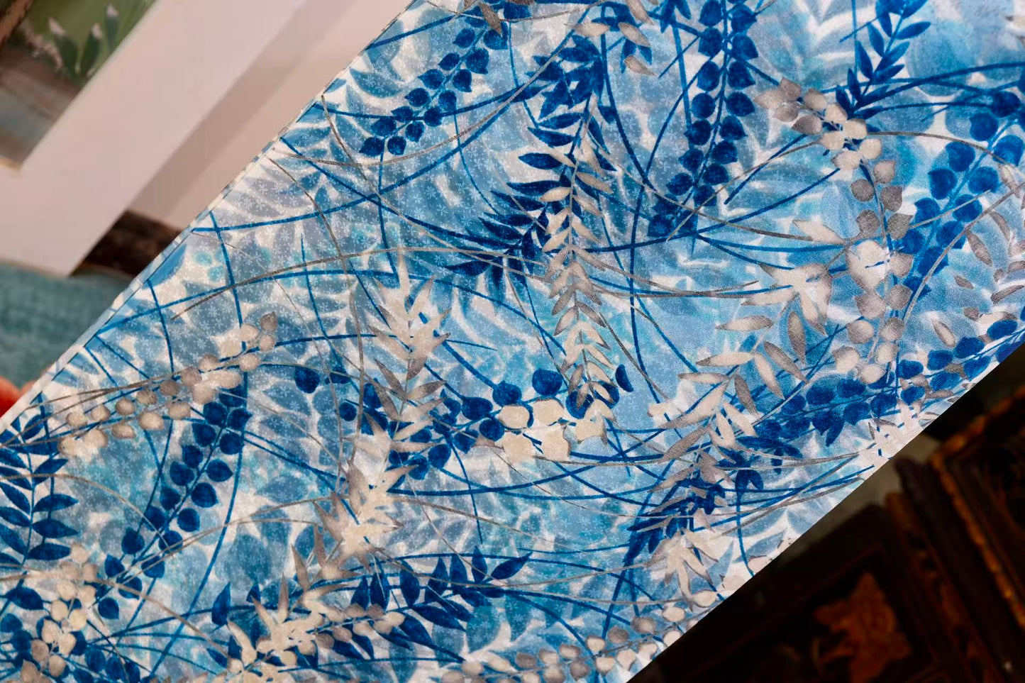 布料名 - 【水墨幽兰·碧波云锦】真丝织锦面料 | Fabric Name - 【Ink Orchid · Cerulean Brocade】Silk Brocade Fabric