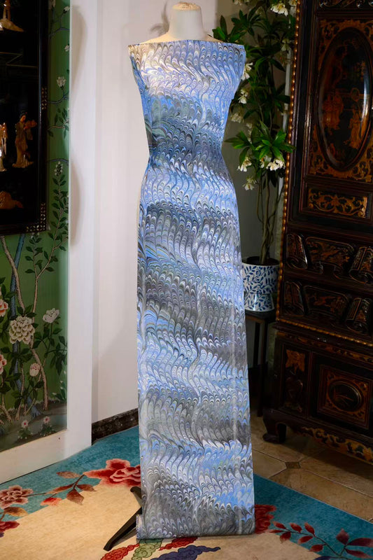 布料名 - 【层澜入梦 · 极地羽迹】艺术水拓纹真丝面料 | Fabric Name - 【Boundless Ripples · Arctic Plume】Artistic Marbling Print Silk Fabric