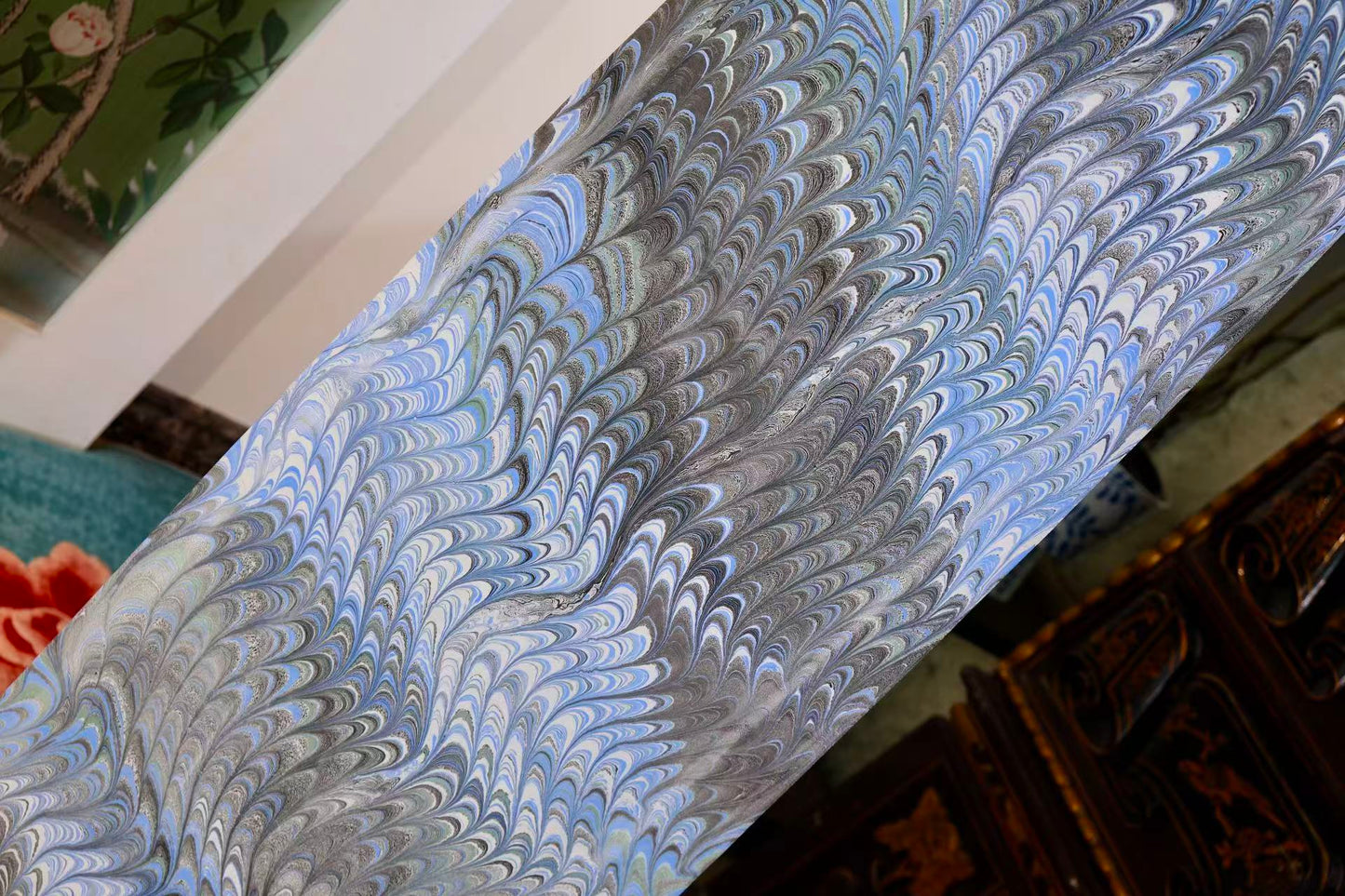 布料名 - 【层澜入梦 · 极地羽迹】艺术水拓纹真丝面料 | Fabric Name - 【Boundless Ripples · Arctic Plume】Artistic Marbling Print Silk Fabric