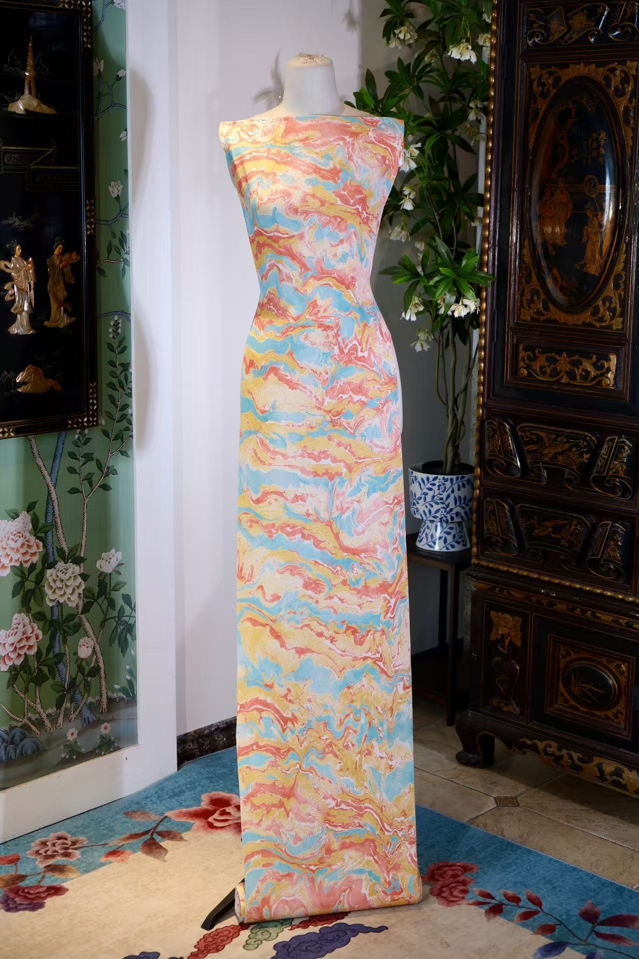 布料名 - 【霞光溢彩 · 溶岩幻境】重磅真丝艺术拓染面料 | Fabric Name - 【Radiant Glow · Molten Illusion】Artistic Fluid-Marbling Silk Fabric