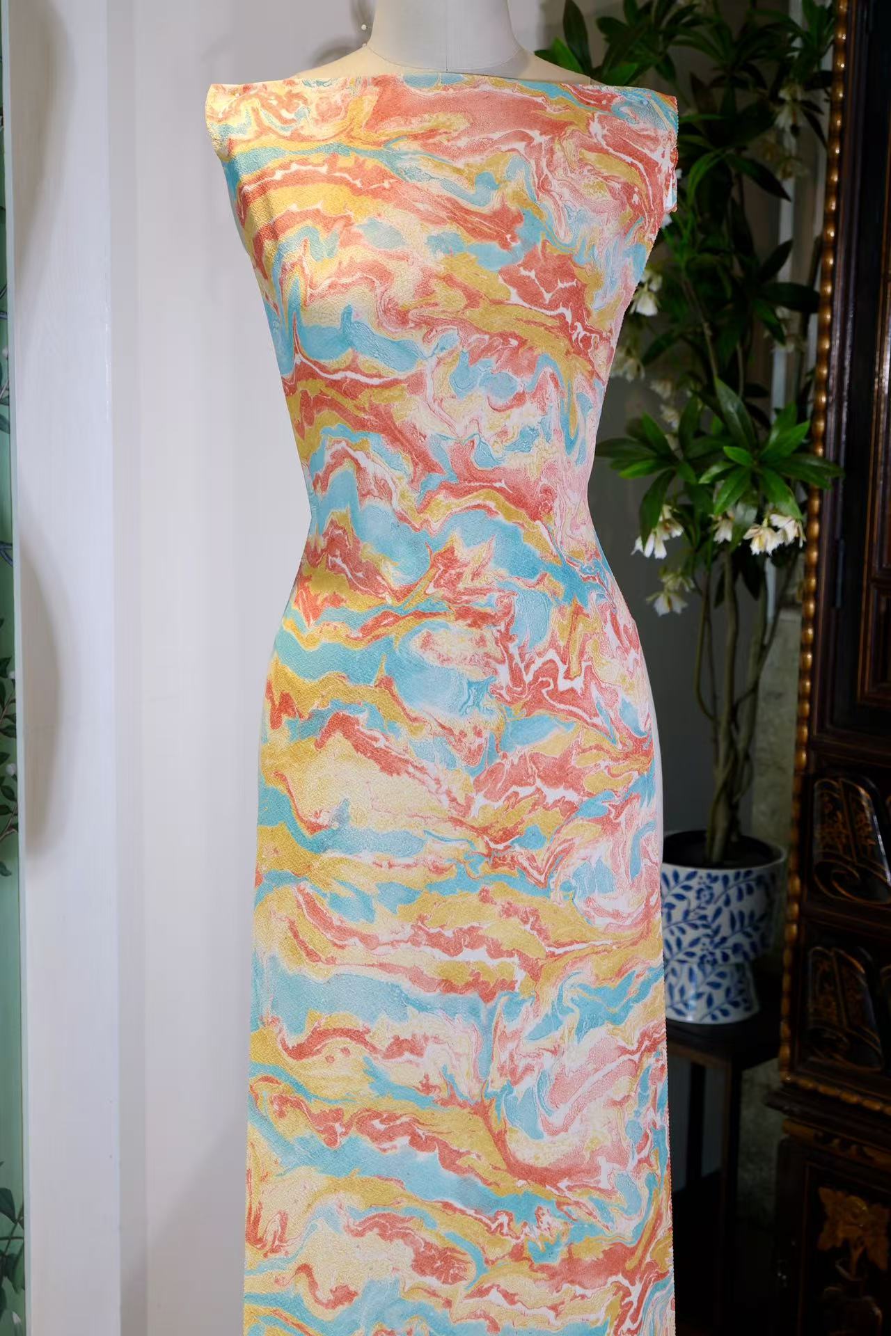 布料名 - 【霞光溢彩 · 溶岩幻境】重磅真丝艺术拓染面料 | Fabric Name - 【Radiant Glow · Molten Illusion】Artistic Fluid-Marbling Silk Fabric