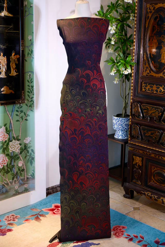 布料名 - 【暗夜流萤 · 炽燃羽翼】重磅真丝艺术水拓纹面料 | Fabric Name - 【Midnight Glow · Flaming Plumage】Artistic Marbling Silk Fabric