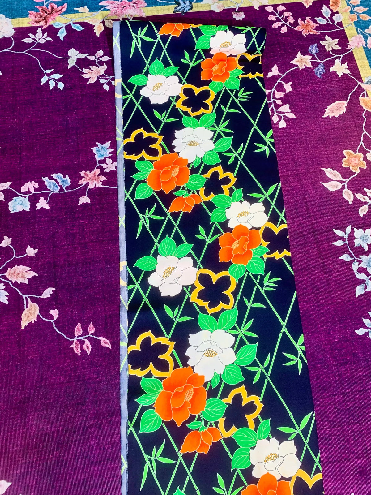 藏青翠竹茶梅印花真丝面料 | Indigo Bamboo & Camellia Printed Silk Fabric