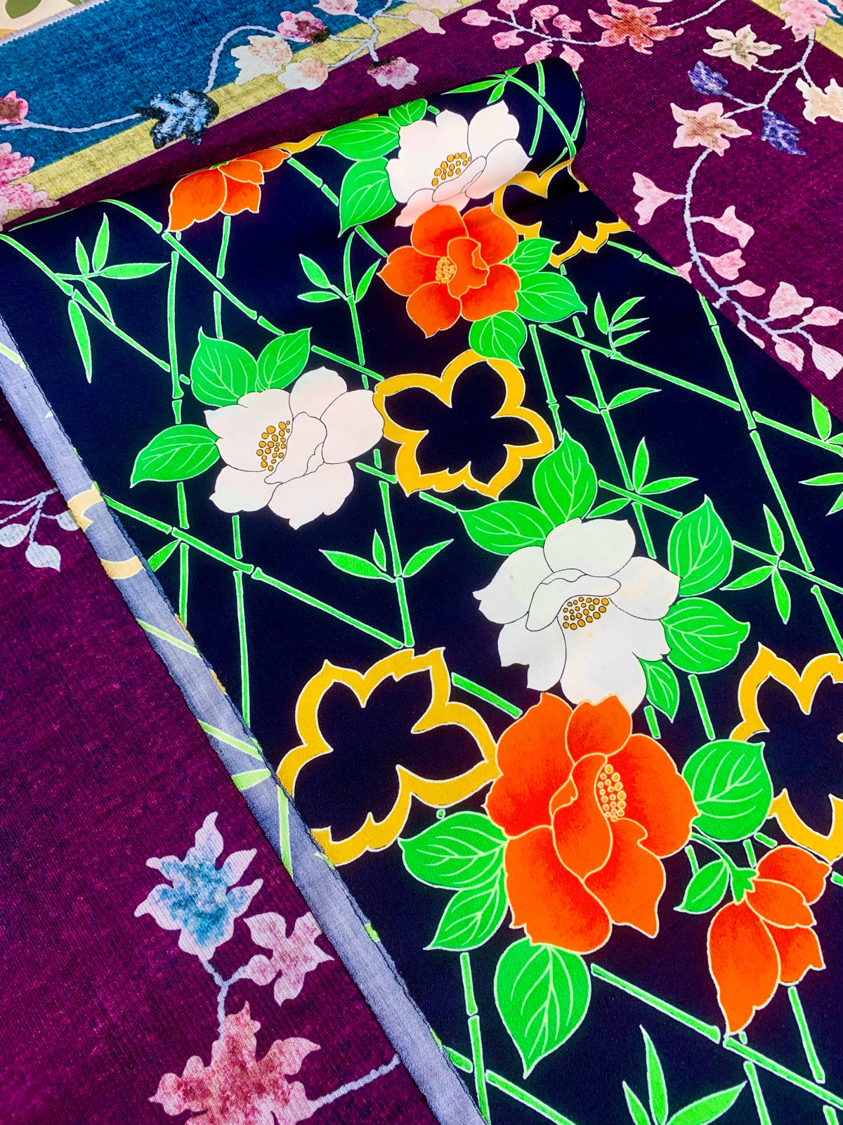 藏青翠竹茶梅印花真丝面料 | Indigo Bamboo & Camellia Printed Silk Fabric
