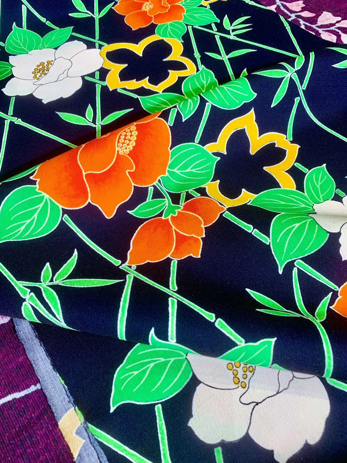 藏青翠竹茶梅印花真丝面料 | Indigo Bamboo & Camellia Printed Silk Fabric
