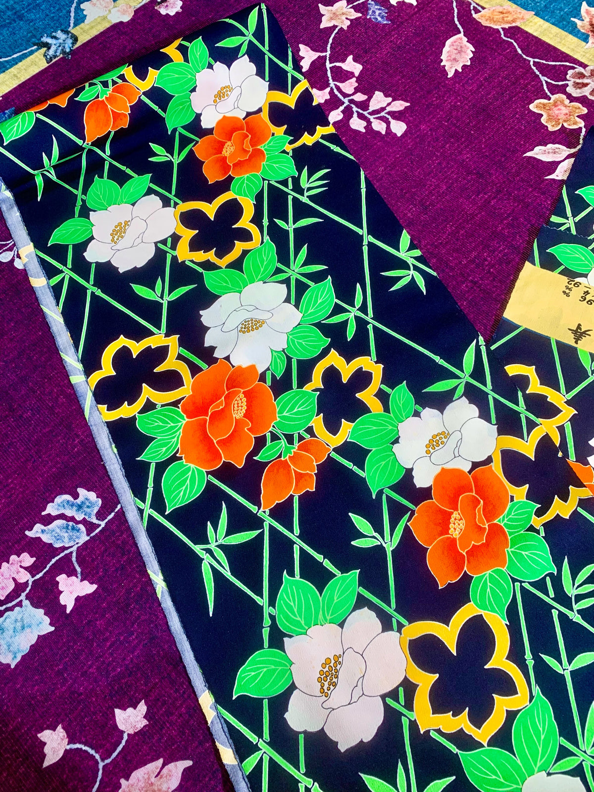 藏青翠竹茶梅印花真丝面料 | Indigo Bamboo & Camellia Printed Silk Fabric