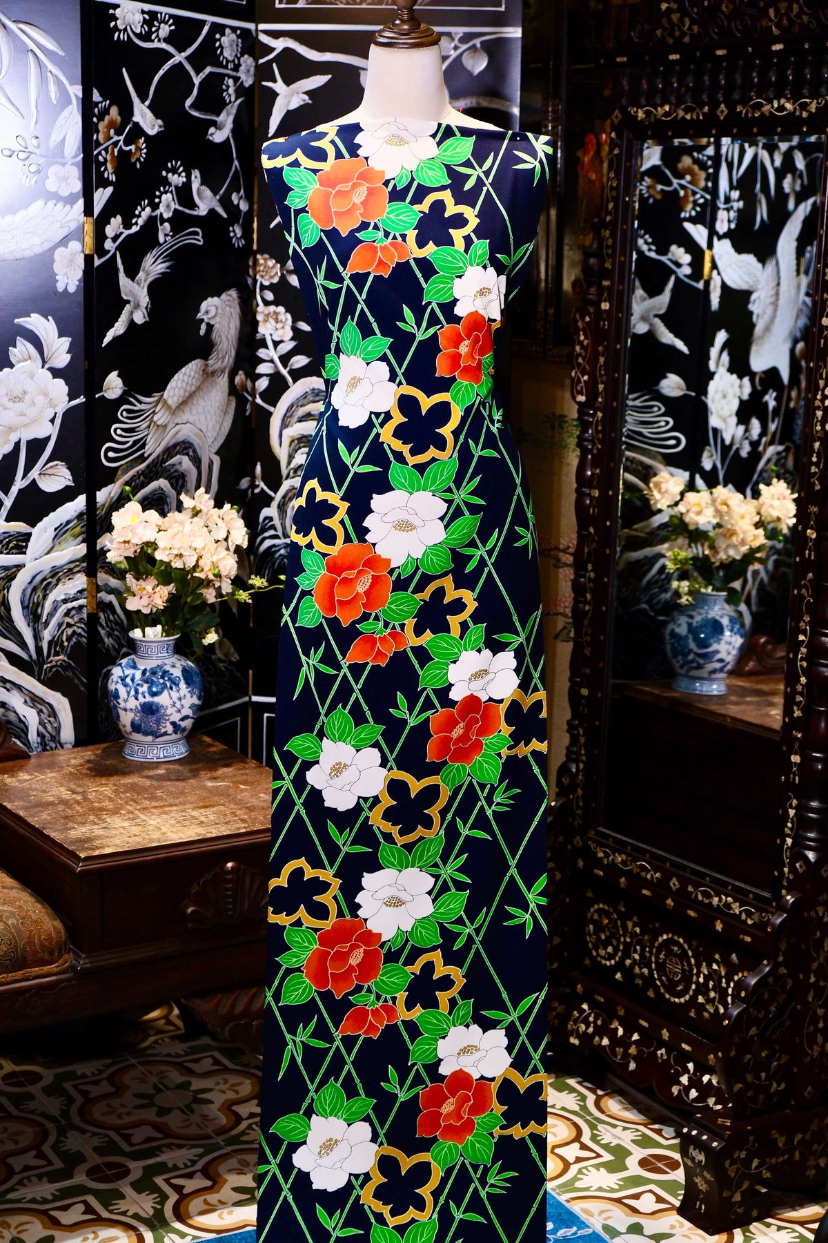 藏青翠竹茶梅印花真丝面料 | Indigo Bamboo & Camellia Printed Silk Fabric