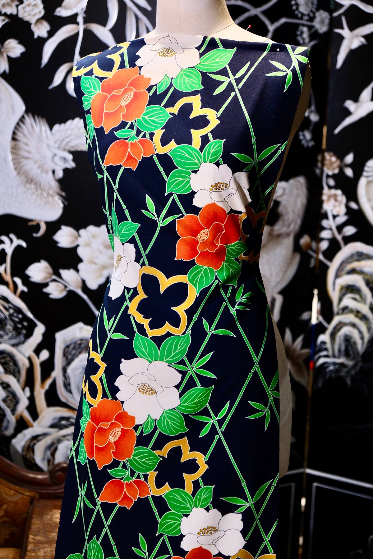 藏青翠竹茶梅印花真丝面料 | Indigo Bamboo & Camellia Printed Silk Fabric