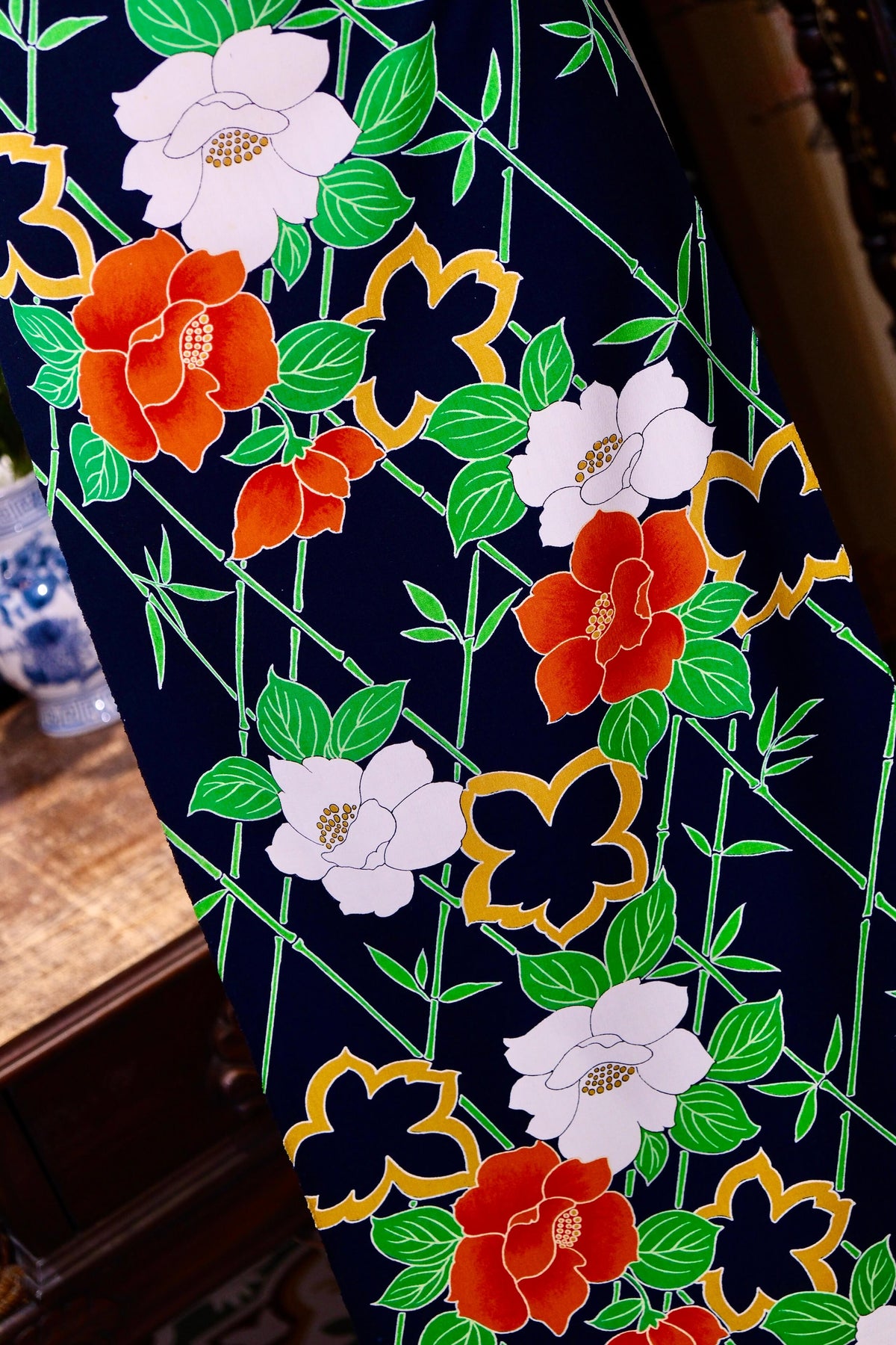 藏青翠竹茶梅印花真丝面料 | Indigo Bamboo & Camellia Printed Silk Fabric