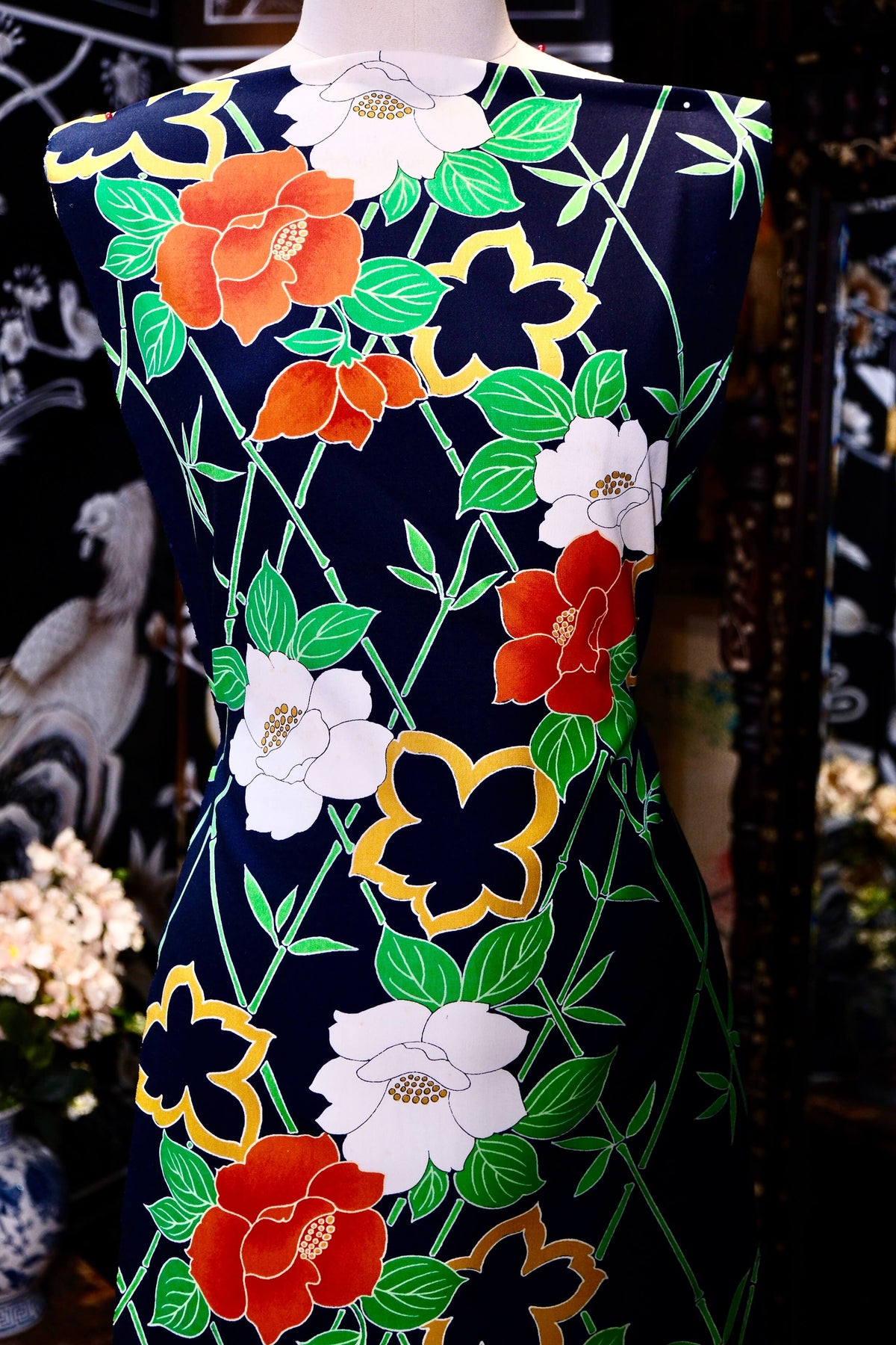 藏青翠竹茶梅印花真丝面料 | Indigo Bamboo & Camellia Printed Silk Fabric