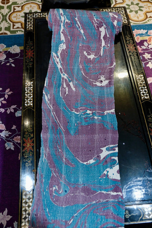 灰紫湖蓝大理石流砂纹印花真丝面料 | Purple & Turquoise Marbled Print Silk Fabric