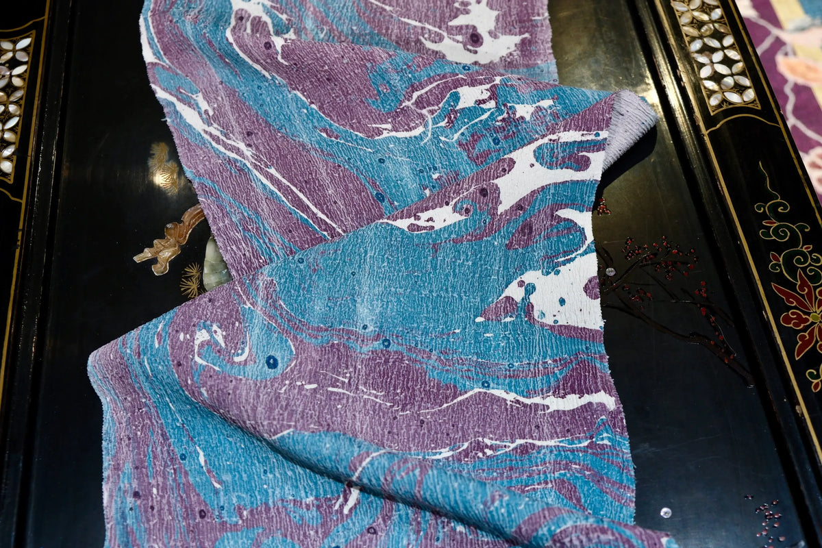 灰紫湖蓝大理石流砂纹印花真丝面料 | Purple & Turquoise Marbled Print Silk Fabric