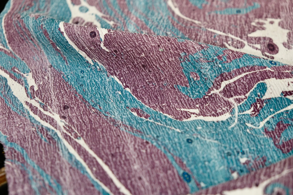 灰紫湖蓝大理石流砂纹印花真丝面料 | Purple & Turquoise Marbled Print Silk Fabric
