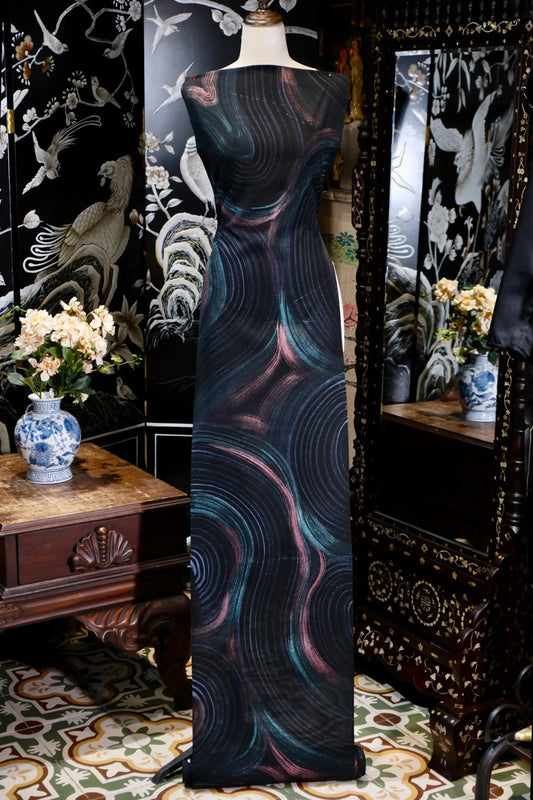 暗夜星河 · 墨底微光流线真丝面料 | Midnight Galaxy - Shimmering Wave Line Pure Silk Fabric
