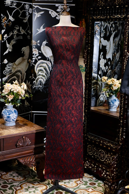 赤焰流金 · 墨底火流纹真丝面料 | Crimson Flare - Black & Red Flowing Lava Silk Fabric