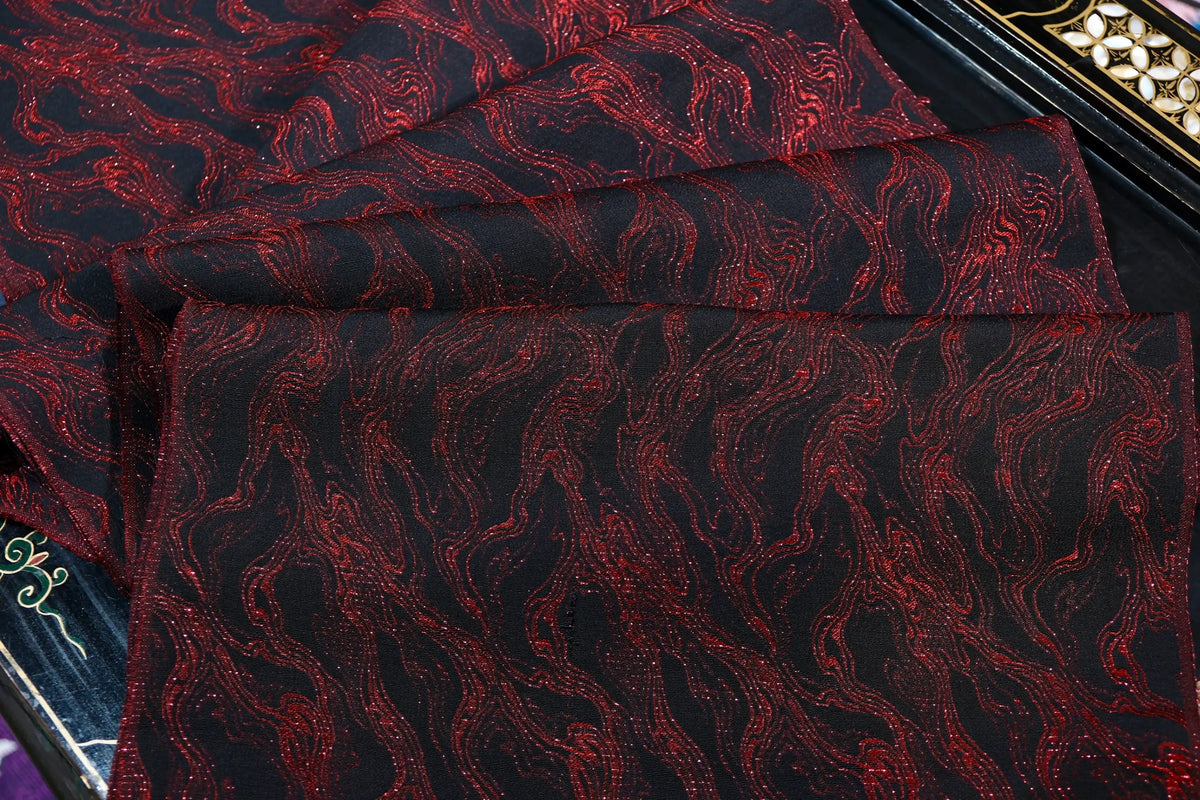 赤焰流金 · 墨底火流纹真丝面料 | Crimson Flare - Black & Red Flowing Lava Silk Fabric