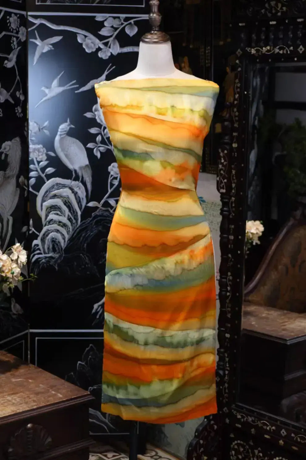 暖阳霞光 · 水彩波浪真丝面料 | Warm Horizon - Watercolor Wave Silk Fabric