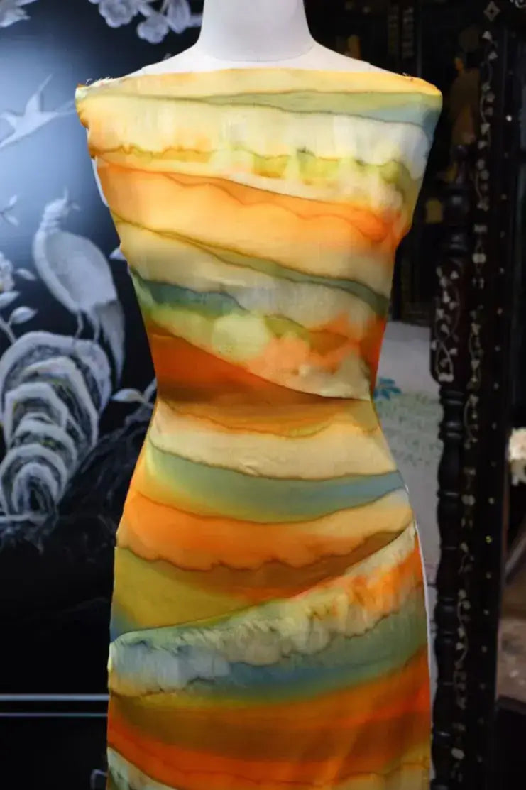 暖阳霞光 · 水彩波浪真丝面料 | Warm Horizon - Watercolor Wave Silk Fabric