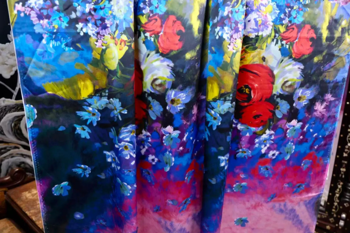 粉蓝霞光 · 渐变繁花真丝面料 | Blush to Azure - Gradient Floral Silk Fabric
