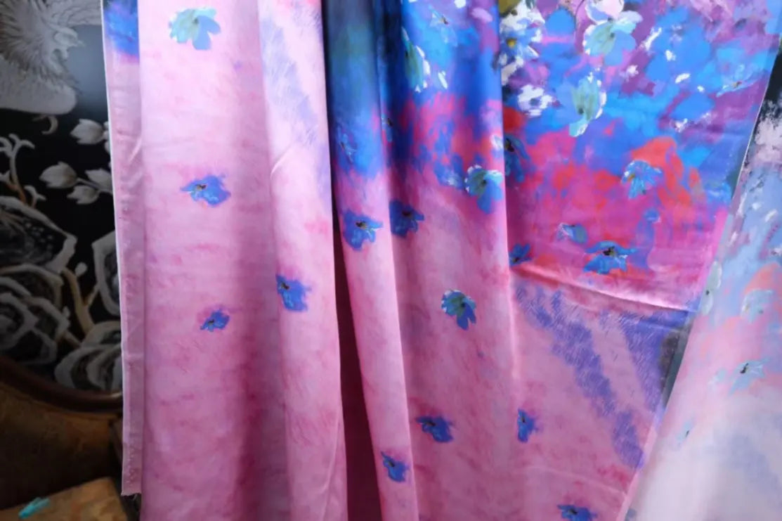 粉蓝霞光 · 渐变繁花真丝面料 | Blush to Azure - Gradient Floral Silk Fabric
