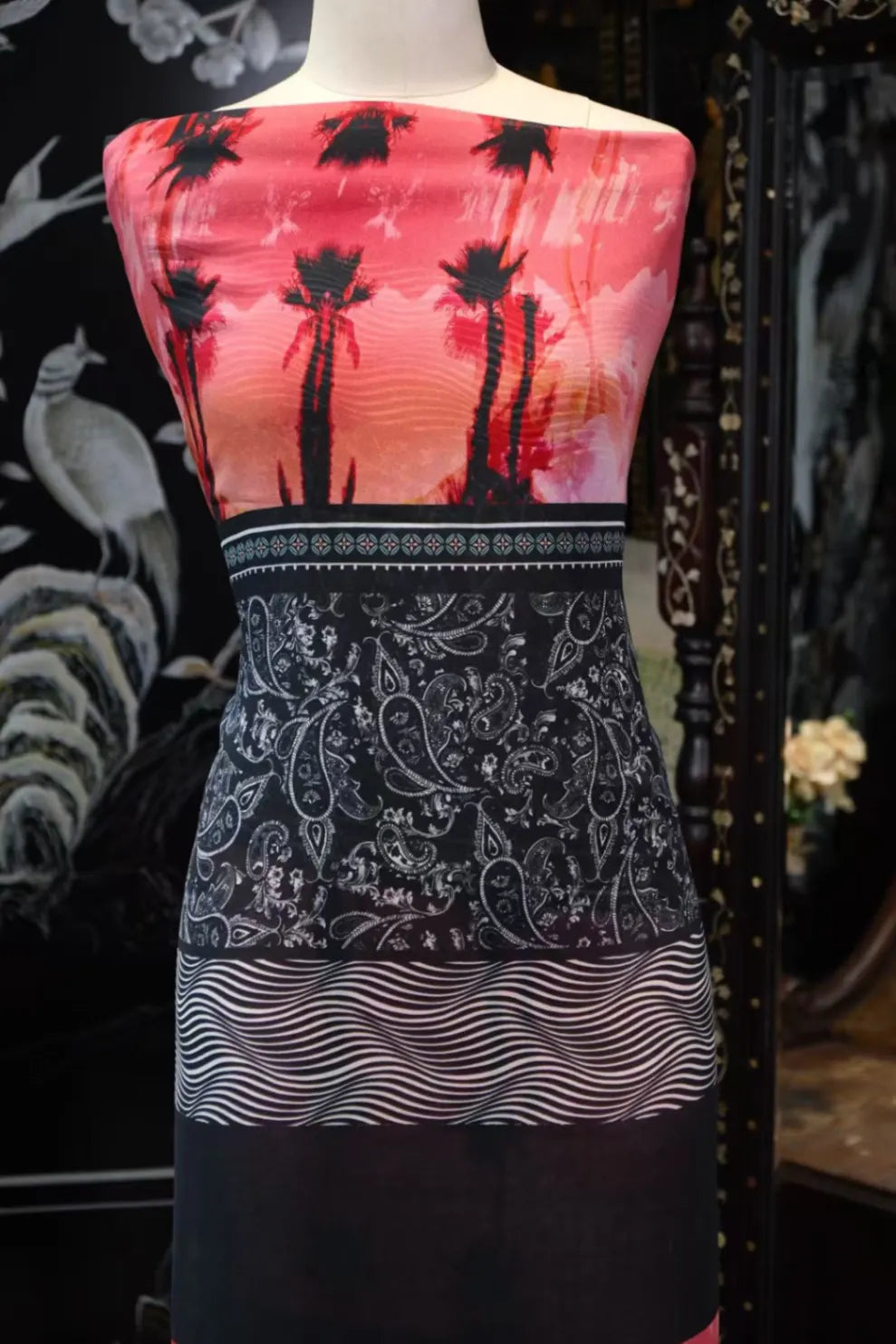 落日椰影 · 几何拼色真丝面料 | Sunset Palms - Colorblock Silk Fabric
