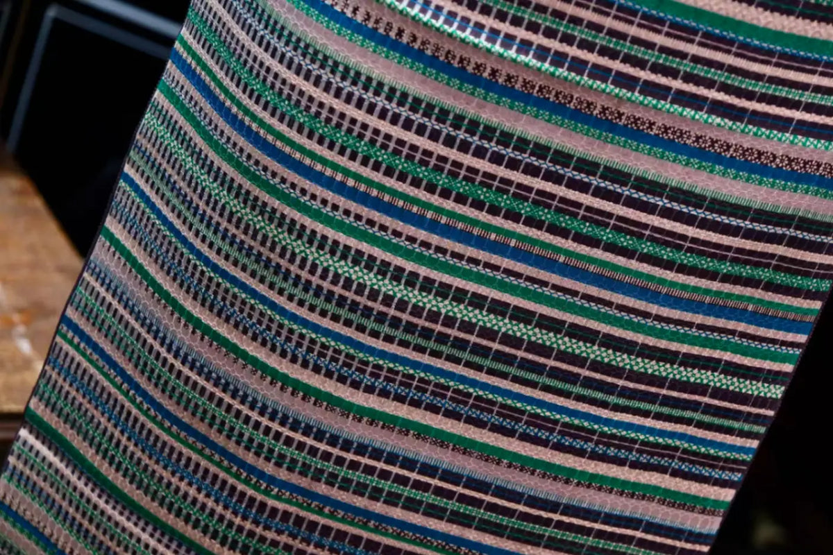 翠羽织锦 · 彩条几何真丝面料 | Emerald Brocade - Striped Geometric Silk Fabric