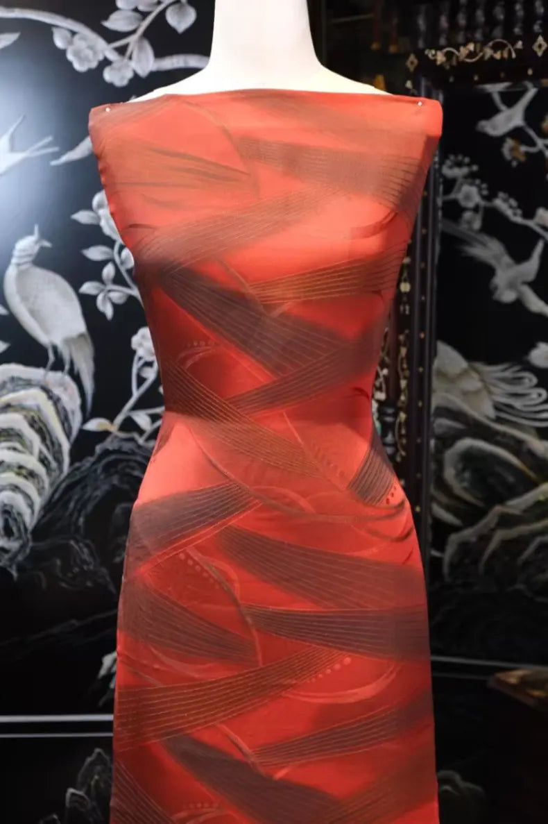 赤霞流纹 · 浮雕丝带真丝面料 | Scarlet Ribbons - Embossed Flowing Silk Fabric