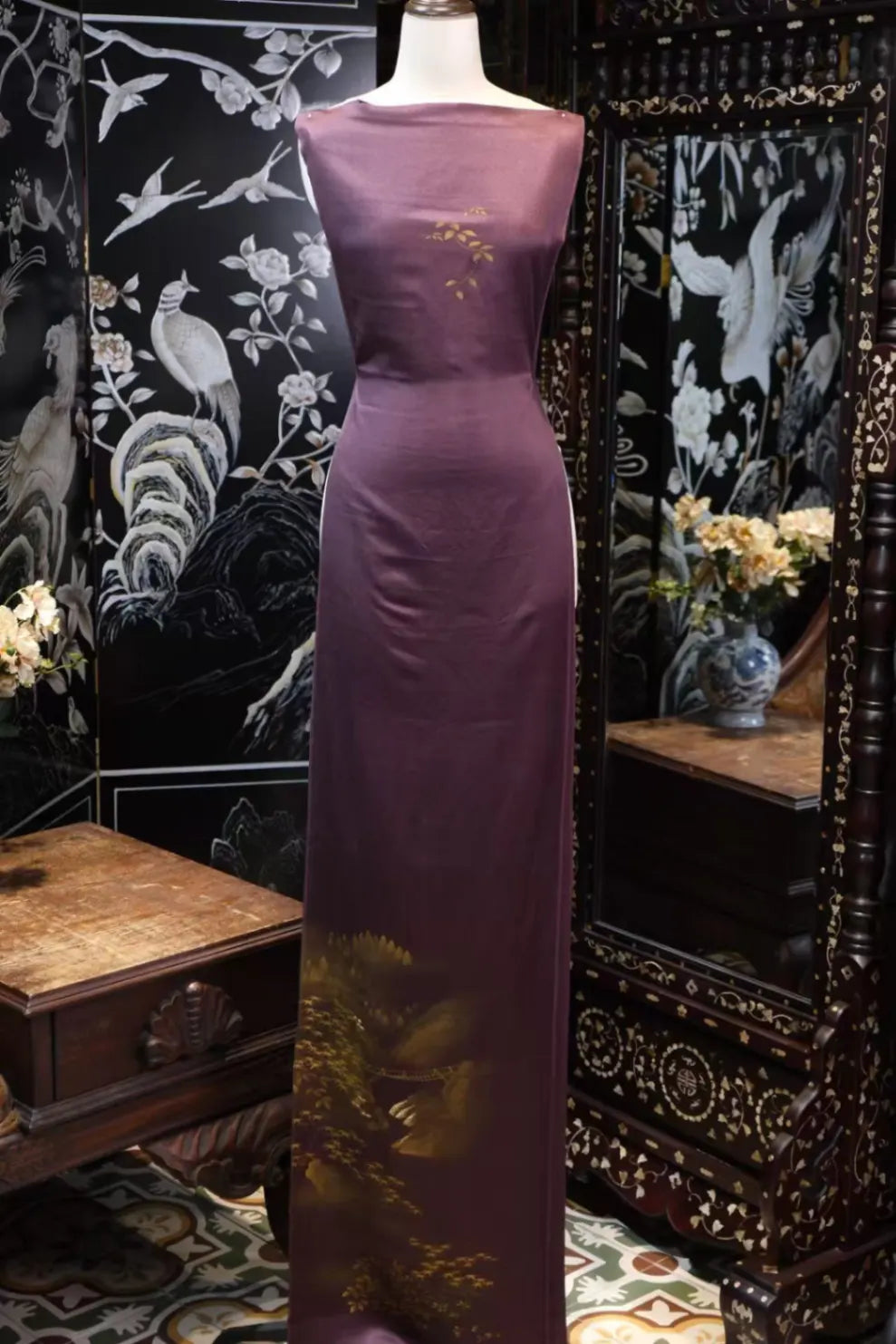 紫绛幽桥 · 枫林溪涧真丝面料 | Twilight Bridge - Maple and Stream Silk Fabric
