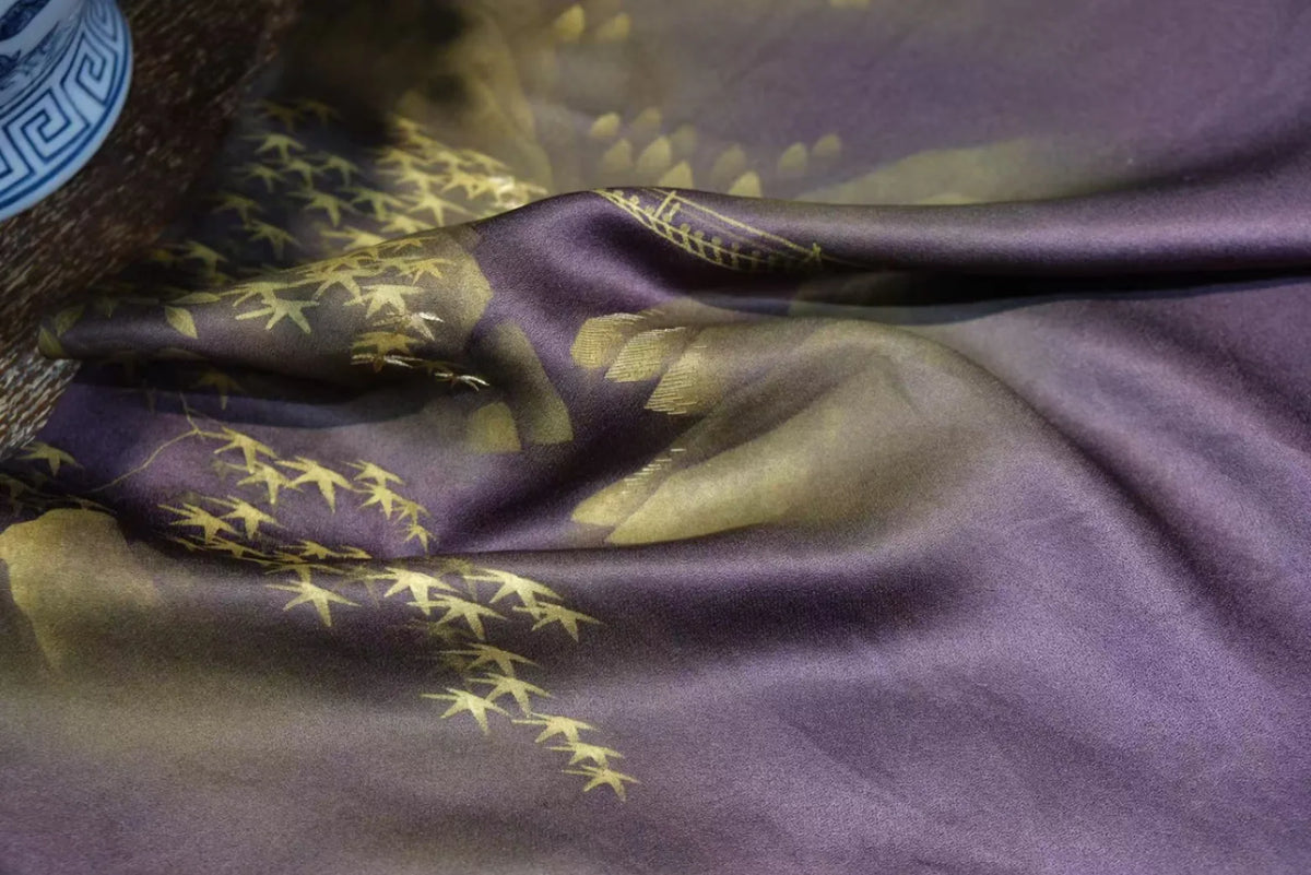 紫绛幽桥 · 枫林溪涧真丝面料 | Twilight Bridge - Maple and Stream Silk Fabric