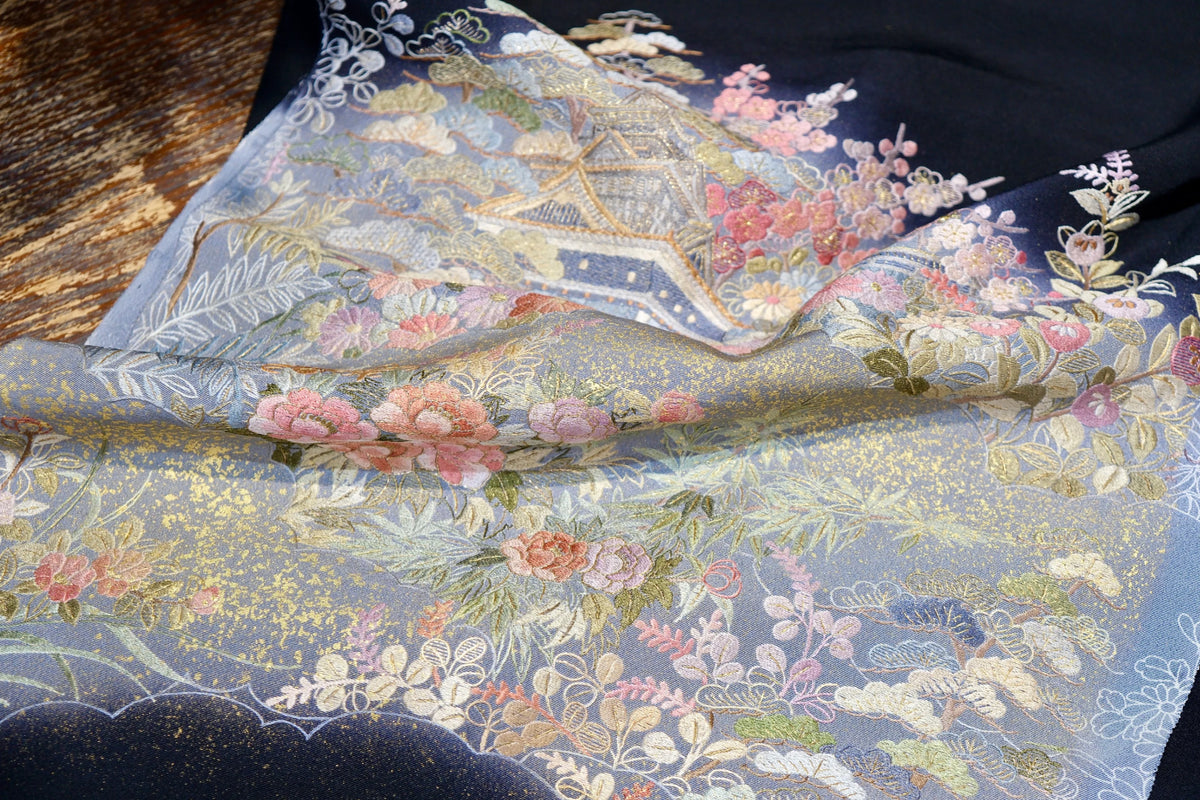 暗夜繁景 · 亭台花锦真丝面料 | Midnight Pavilion - Embroidered Floral Silk Fabric