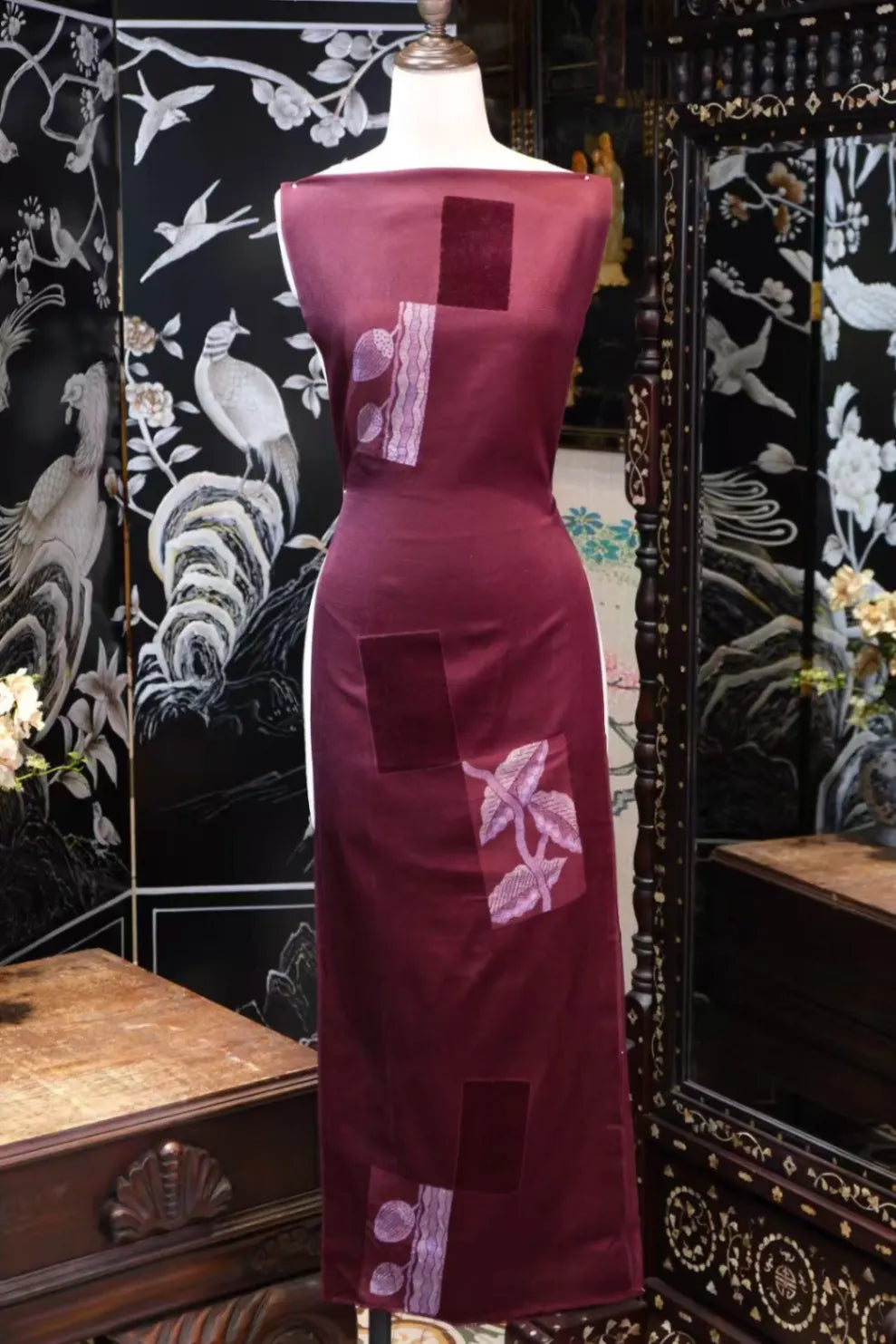 赤霞拼贴 · 几何枝叶真丝面料 | Amber Collage - Patchwork Leaf Silk Fabric