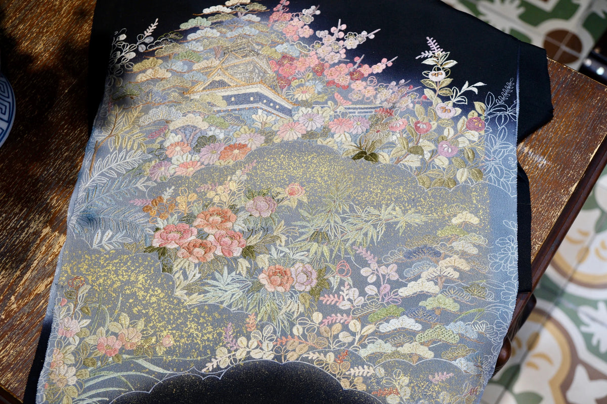 暗夜繁景 · 亭台花锦真丝面料 | Midnight Pavilion - Embroidered Floral Silk Fabric
