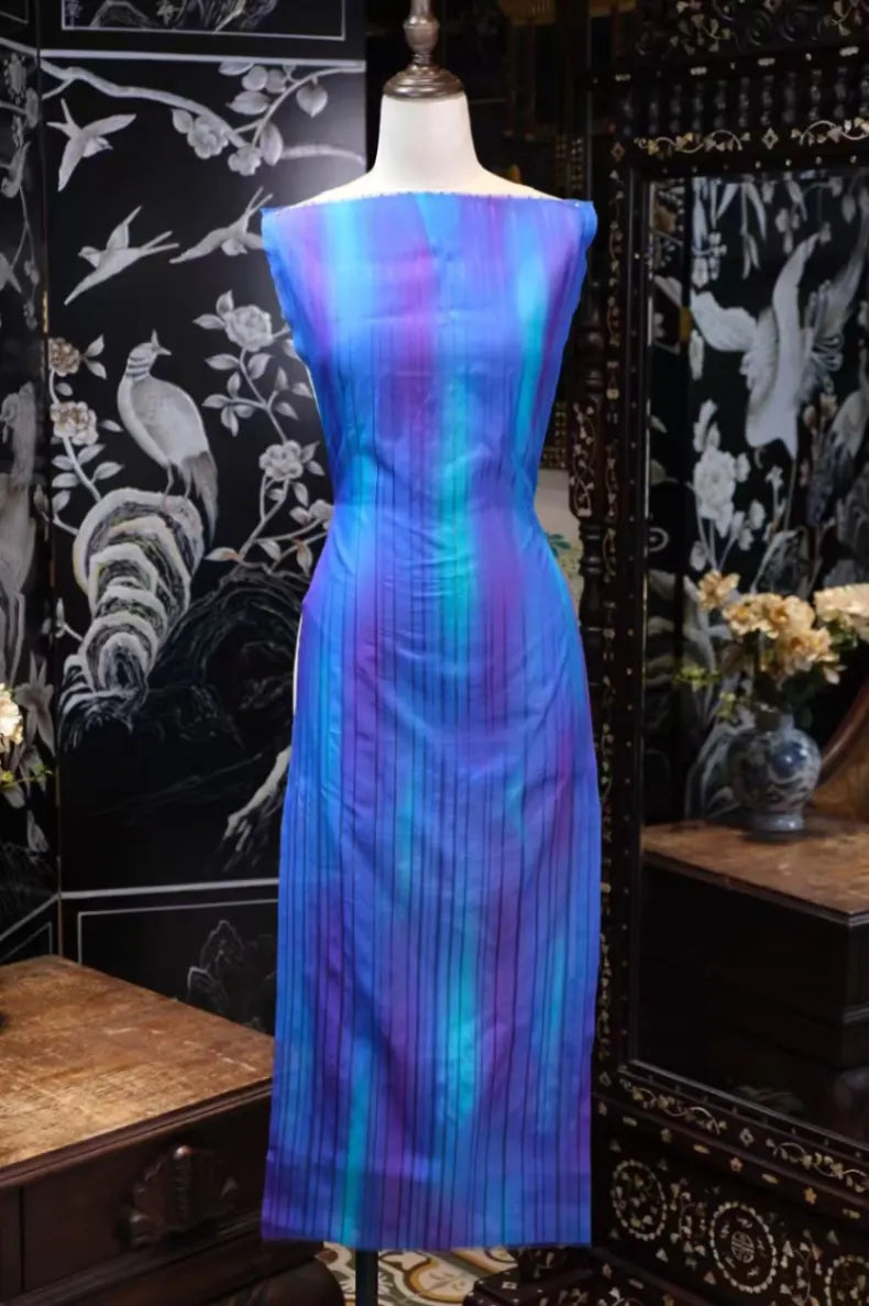 蔚蓝流光 · 渐变条纹真丝面料 | Azure Glow - Gradient Striped Silk Fabric